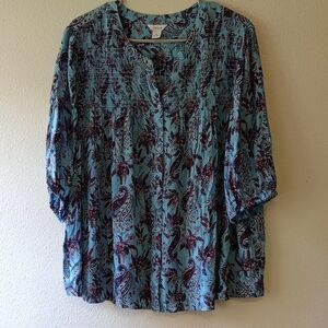 Intro Boho Floral Button Front Blue Flowy Peasant Style Blouse Size XL